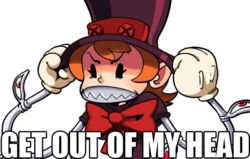  bad_link binarypen bow english_text extra_eyes eye_socket female hat image_macro_(meme) mechanical_arms meme orange_hair peacock_(skullgirls) red_eyes sharp_teeth short_hair skullgirls solo teeth top_hat transparent_background 