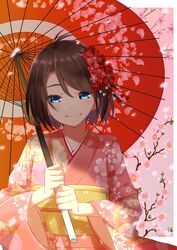  brown_hair closed_mouth commentary_request female floral_background floral_print hair_between_eyes highres holding holding_umbrella japanese_clothes kimono looking_down new_year obi oil-paper_umbrella original pink_kimono sash shade shiime short_hair smile solo umbrella upper_body 