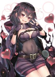  belt bettle_(b_s_a_n) black_hair blush clenched_hand cloak commentary_request covered_navel female fingerless_gloves gloves hair_between_eyes hair_flaps heart looking_at_viewer open_mouth purple_gloves purple_shorts red_eyes rita_(sennen_sensou_aigis) sennen_sensou_aigis shorts solo v white_background 