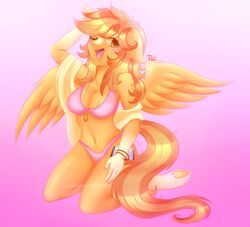  2017 anthro bikini biped blonde_hair blush bra bracelet breasts cleavage clothed clothing colored_nails cutie_mark equid equine eyebrows eyelashes fan_character feathered_wings feathers female full-length_portrait gradient_background hair hasbro hi_res hooves jewelry kneeling looking_at_viewer makeup mammal mascara multicolored_hair my_little_pony mythological_creature mythological_equine mythology nails navel necklace one_eye_closed open_mouth open_smile panties pegasus piiunivers pink_background pink_nails portrait pose sash serenity_(whitefeather0) signature simple_background smile solo swimwear text tongue two_tone_hair underhoof underwear watermark wings wink yellow_eyes 