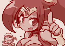  2girls bandana breasts cleavage earrings female jewelry monochrome multiple_girls open_mouth pointy_ears risky_boots shantae shantae_(character) smile soboro_(jitome_dan) tiara 