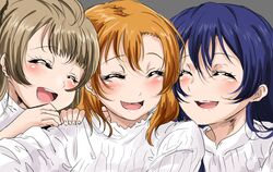  3girls blue_hair blush brown_eyes closed_eyes closed_mouth commentary_request girl_sandwich grey_hair hair_between_eyes hands_on_another&#039;s_shoulders highres kosaka_honoka long_hair looking_at_viewer love_live! love_live!_school_idol_festival_all_stars love_live!_school_idol_project mimori_suzuko minami_kotori multiple_girls nitta_emi open_mouth orange_hair photo-referenced sandwiched shirt shogo_(4274732) simple_background smile sonoda_umi uchida_aya upper_body voice_actor voice_actor_connection white_shirt 