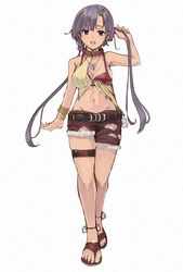  :d anklet asymmetrical_clothes asymmetrical_legwear bad_id bad_pixiv_id belt bra bracelet breasts brown_bra brown_shorts buckle character_request cleavage cutoffs feet female furukawa_itsuse gargantia_contest hair_ornament highres holding holding_own_hair jewelry large_breasts long_hair navel open_mouth original pendant purple_eyes purple_hair sandals shorts simple_background smile solo suisei_no_gargantia thigh_strap toenails toes twintails underwear uneven_legwear 