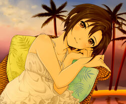  antenna_hair bad_id bad_pixiv_id bare_shoulders brown_eyes brown_hair chair cloud collarbone dress female frills head_tilt idolmaster idolmaster_(classic) kikuchi_makoto looking_at_viewer m0401 outdoors palm_tree pillow short_hair sky smile solo sundress tree white_dress wicker_furniture 