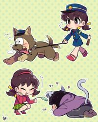  2boys :3 animal_costume animal_ears bad_id bad_twitter_id baton_(weapon) brown_eyes cat_ears cat_tail cat_teaser collar dog_costume female green_background hair_ribbon hairband hat hood hoodie leash matsuno_ichimatsu matsuno_jyushimatsu multiple_boys osomatsu-kun osomatsu-san osomatsu_(series) police police_hat police_uniform policewoman polka_dot polka_dot_background remotarou ribbon simple_background smile spiked_collar spikes squatting tail tongue tongue_out uniform weapon yowai_totoko 