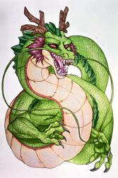  asian_mythology barbel_(anatomy) belly_scales dorsal_ridge dragon dragon_ball dragon_ball_z east_asian_mythology eastern_dragon feral flesh_whiskers green_body green_scales head_ridge hi_res horn mythological_creature mythological_scalie mythology red_eyes scales scalie shenron sheycra simple_background solo tail tail_ridge teeth white_background 