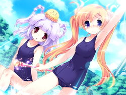  2girls 3: :o blonde_hair blue_eyes blush braid chime_milhawks game_cg long_hair multiple_girls one-piece_swimsuit pool primary_~magical_trouble_scramble~ purple_hair red_eyes rikuou_hinana school_swimsuit swimsuit tsurugi_hagane twintails wand water 