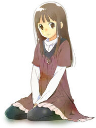  1boy black_pantyhose brown_eyes brown_hair commentary crossdressing dress hourou_musuko kl_(dgzonbi) long_hair male_focus nitori_shuuichi otoko_no_ko pantyhose photoshop_(medium) seiza sitting smile solo 