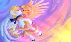  2017 5:3 blonde_hair blush bracelet cloud cutie_mark duo equid equine eye_contact eyebrows eyelashes fan_character feathered_wings feathers female feral feral_on_feral flying hair hasbro hi_res hooves hug jewelry kissing looking_at_another male male/female mammal mostly_nude multicolored_hair my_little_pony mythological_creature mythological_equine mythology necklace nude outside pegasus piiunivers scarf signature sky skyscape sparkles sunset text two_tone_hair watermark wings yellow_eyes 