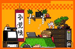  animated animated bed bird bonsai brown_hair canine chest_of_drawers computer eggplant feline female flickering food fruit indoors jellyfish kagami_mochi kotatsu laptop lowres mandarin_orange orange_background original owl pixel_art shelf sleeping sleeping_animal solo table television toyoi_yuuta translated zzz 