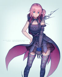  blue_eyes elbow_gloves final_fantasy final_fantasy_xiii gloves gothic_lolita lightning_returns:_final_fantasy_xiii lolita_fashion lumina_(ffxiii) pink_hair side_ponytail single_glove slapmyface solo thighhighs zettai_ryouiki 