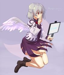  bad_id bad_twitter_id brown_footwear dress female full_body grey_hair hair_between_eyes hand_to_own_mouth hand_up highres holding jacket kishin_sagume long_sleeves looking_to_the_side open_clothes open_jacket purple_dress red_eyes short_hair single_wing solo thats_not_it touhou twitter_username white_wings wings yugiri_yaa 