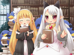  &gt;_&lt; 2girls :d ^_^ bad_id bad_pixiv_id bat_wings black_capelet black_sclera blonde_hair blush book bookshelf capelet closed_eyes colored_sclera cuffs demon_girl disgaea dress holding holding_book horns jewelry ladder long_hair looking_at_viewer mage_(disgaea) mizuno_mumomo multiple_girls oerba_yun_fang open_mouth phantom_kingdom pointy_ears pram_(phantom_kingdom) prinny red_eyes smile white_hair window wings 