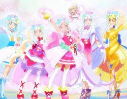  6+girls aisaki_emiru anime_screenshot aqua_eyes aqua_hair blonde_hair boots cure_amour cure_amour_(cheerful_style) cure_ange cure_ange_(cheerful_style) cure_etoile cure_etoile_(cheerful_style) cure_macherie cure_macherie_(cheerful_style) cure_yell cure_yell_(cheerful_style) curly_hair highres hug-tan_(precure) hugtto!_precure kagayaki_homare long_hair multiple_girls nono_hana paint.net_(medium) pink_eyes pink_hair precure ruru_amour stitched thigh_boots thighhighs third-party_edit veil white_hair yakushiji_saaya 