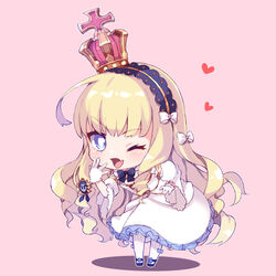  ;d azur_lane black_footwear blonde_hair blue_eyes blush bow chibi commentary_request crown detached_sleeves dress female full_body gloves hair_ornament hairband hairbow heart juliet_sleeves leaning_forward long_hair long_sleeves looking_at_viewer mini_crown oerba_yun_fang one_eye_closed open_mouth pantyhose pikomarie pink_background puffy_sleeves queen_elizabeth_(azur_lane) queen_elizabeth_(the_queen&#039;s_ball)_(azur_lane) sleeveless sleeveless_dress smile solo standing striped_clothes striped_pantyhose tilted_headwear v-shaped_eyebrows vertical-striped_clothes vertical-striped_pantyhose very_long_hair white_bow white_dress white_gloves white_pantyhose 