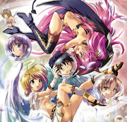  3girls :o angel angel_wings bat_wings breasts demon_girl halo kamishiro_rin kazetsubaki_kuriko komatsu_eiji kurioka_maiho long_hair maburaho medium_breasts miyama_yuuna multiple_girls official_art photoshop_(medium) pink_hair sandals shikimori_kazuki short_hair tail thighhighs underboob wings yamase_chihaya 