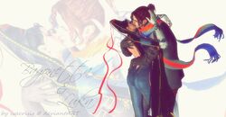  1boy artist_name ass bayonetta bayonetta_(character) black_hair brown_hair embrace female gloves hug kissing luka_redgrave web_address 