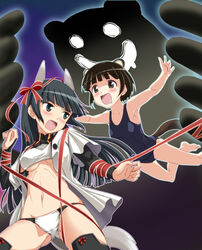  2girls anabuki_tomoko animal_ears armor barefoot black_hair blush bob_cut brown_eyes brown_hair commentary_request fox_ears fox_girl fox_tail hi-ho- long_hair multiple_girls one-piece_swimsuit open_mouth panties photoshop_(medium) raccoon_ears raccoon_girl raccoon_tail ribbon sakomizu_haruka school_swimsuit short_hair silhouette_demon strike_witches:_suomus_misfits_squadron swimsuit tail underwear world_witches_series you_gonna_get_raped yuri 