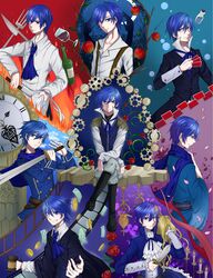  6+boys adam_moonlit akujiki_musume_conchita_(vocaloid) akutoku_no_judgement_(vocaloid) alcohol apple apron ascot black_footwear blonde_hair blood blood_stain blue_eyes blue_hair blue_kimono blue_neckerchief blue_necktie blue_ribbon blue_scarf blue_sky boots bottle branch bubble_background burning candle candlestand card carlos_marlon chaban_capriccio_(vocaloid) chef cleaning clock clock_tower cloud coin commentary_request creator_connection crescent_moon crossdressing cup cutlery dagger drinking_glass drug_of_gold_(vocaloid) enbizaka_no_shitateya_(vocaloid) epaulettes evil_grin evil_smile evillious_nendaiki film_border film_strip fire flask flower food forest frown fruit gallerian_marlon gavel gear_(evillious_nendaiki) gears grin hand_on_own_chest heartbeat_clocktower_(vocaloid) high_collar highres holding holding_knife holding_sword holding_weapon japanese_clothes judge kaito_(vocaloid) karchess_crim kaspar_blankenheim kimono knife kyle_marlon miroku_kai money moon moonlit_bear_(vocaloid) multiple_boys multiple_persona nature neck_ribbon neckerchief necktie nemurase_hime_kara_no_okurimono_(vocaloid) night night_sky open_clothes open_collar open_shirt outstretched_hand pants petals playing_card poison_(final_fight) red_flower red_rose ribbon rose scarf shinon_no_tokeitou_(vocaloid) shirt silhouette sky sleeveless sleeveless_blazer sleeveless_jacket smile songover star_(sky) starry_sky suspenders sword teito_(teito10) thigh_boots thighhighs tower venomania_kou_no_kyouki_(vocaloid) vocaloid waist_apron weapon welding white_pants wig wine wine_glass 