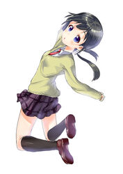  aiura aldehyde black_socks commentary_request female jumping kneehighs loafers low_twintails necktie plaid plaid_skirt school_uniform shoes skirt socks solo sweater twintails uehara_ayuko 