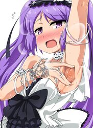  armlet armpit_focus armpit_poke armpits bare_shoulders beads black_ribbon blush bracelet choker commentary_request dress euryale_(fate) euryale_(third_ascension)_(fate) eyebrows fate/hollow_ataraxia fate_(series) female flower hairband headdress jewelry kani_club lolita_hairband long_hair necklace presenting_armpit purple_eyes purple_hair ribbon ribbon_trim ring smell solo spread_armpit sweat twintails white_dress 