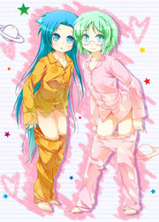  2girls :o barefoot blue_eyes blue_hair commentary_request glasses green_hair hio_raichi kyou_ami! long_hair multiple_girls oerba_yun_fang pajamas pajamas_pull porurin short_hair slit_pupils thighs tsuchie_roka very_long_hair 