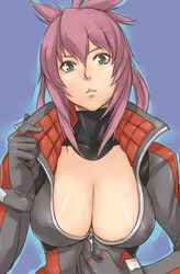  amanda_werner bad_id bad_pixiv_id blassreiter blue_background bodysuit breasts cleavage female green_eyes gus_(clarkii) large_breasts photoshop_(medium) purple_hair shiny_skin simple_background solo unzipping 