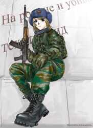  absurdres ak-74 akahlulu aks-74 artist_name assault_rifle blonde_hair boots camouflage commentary_request cyrillic female fur_hat gun hat highres kalashnikov_rifle military military_uniform original rifle russian_text soldier solo soviet translated translation_request uniform ushanka weapon 