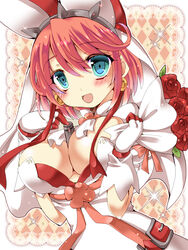  :d argyle_background bad_id bad_pixiv_id between_breasts blue_eyes blush bouquet breasts cleavage commentary_request earrings elphelt_valentine female flower gloves green_eyes guilty_gear guilty_gear_xrd headdress highres jewelry large_breasts open_mouth pink_hair red_flower red_rose ribbon rose short_hair smile upper_body white_gloves yoroi_nau 