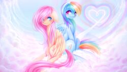  16:9 2016 blush cloud cutie_mark duo equid equine eye_contact eyelashes feathered_wings feathers female female/female feral fluttershy_(mlp) friendship_is_magic hair hasbro heart_symbol hi_res long_hair looking_at_another love makeup mammal mascara multicolored_hair my_little_pony mythological_creature mythological_equine mythology nude outside pegasus piiunivers pink_hair purple_eyes rainbow rainbow_dash_(mlp) rainbow_hair signature sitting sky smile teal_eyes wallpaper widescreen wings 