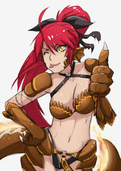  breasts cleavage female female long_hair looking_at_viewer monster_girl monster_girl_encyclopedia navel one_eye_closed ponytail red_hair salamander_(monster_girl_encyclopedia) scale smile solo tail whistle_frog yellow_eyes 