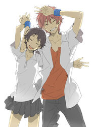  1boy bad_id bad_source bad_tumblr_id blush brown_eyes brown_hair couple dress_shirt female head_tilt height_difference holding_hands interlocked_fingers kiikanna konno_makoto looking_up mamiya_chiaki miniskirt pleated_skirt red_hair school_uniform shirt short_hair skirt smile straight toki_wo_kakeru_shoujo v 