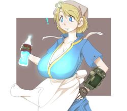  ! blonde_hair blue_eyes bottle breast_expansion breasts cleavage commentary english_commentary fallout_(series) fallout_3 female freckles futaba_channel hand_on_own_hip heni_(nijiura_maids) holding holding_bottle huge_breasts jumpsuit kuma_(kumahoihoi) lone_wanderer mushroom nijiura_maids nuka_cola nuka_cola_quantum original pip_boy sagging_breasts short_hair solo vault_suit 