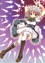  bad_id bad_pixiv_id blue_eyes braid female grey_hair izayoi_sakuya knife kotarou_(raincoat) maid maid_headdress solo touhou twin_braids 