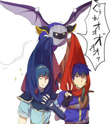  2boys azkn blue_eyes blue_hair cape commentary_request fire_emblem fire_emblem:_mystery_of_the_emblem fire_emblem:_path_of_radiance gloves headband ike_(fire_emblem) kirby_(series) marth_(fire_emblem) mask meta_knight multiple_boys smile super_smash_bros. tiara v wings yellow_eyes 