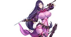  bodysuit breasts dress elbow_gloves fate/grand_order fate_(series) gloves long_hair minamoto_no_yorimitsu_(fate) nidy-2d- petals photoshop purple_eyes purple_hair skintight sword weapon 