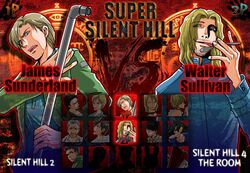  5girls 6+boys alessa_gillespie alex_shepherd character_select commentary_request cybil_bennett douglas_cartland fighting_game harry_mason heather_mason henry_townshend hige_(yosemite) james_sunderland lead_pipe male_focus maria_(silent_hill) multiple_boys multiple_girls pyramid_head robbie_the_rabbit silent_hill:_homecoming silent_hill:_origins silent_hill_(series) silent_hill_2 silent_hill_3 silent_hill_4:_the_room spoon tongue travis_grady walter_sullivan 