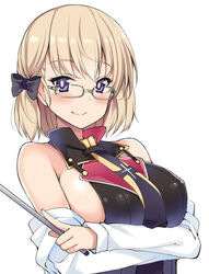  alternate_breast_size azur_lane bare_shoulders between_breasts black_bow black_necktie blonde_hair bow breasts breasts_apart bright_pupils commentary_request covered_nipples crossed_arms female glasses grey-framed_eyewear hairbow holding index_finger_raised kusano_(torisukerabasu) large_breasts long_sleeves looking_at_viewer necktie necktie_between_breasts official_alternate_costume pointer purple_eyes shiny_skin short_hair sideboob simple_background solo upper_body white_background wrist_cuffs z23_(azur_lane) z23_(philosophy_sensei)_(azur_lane) 