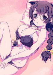  :o animal_ears bakemonogatari black_bra black_hair bra breasts bursting_breasts cat_ears commentary_request female glasses hanekawa_tsubasa hirose_(mokiki) large_breasts long_hair looking_at_viewer lying monogatari_(series) navel on_back pillow solo undersized_clothes underwear 