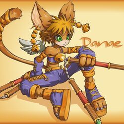  animal_ears bell bell_earrings daena earrings female furry green_eyes jewelry legend_of_mana nunchaku paseli seiken_densetsu tail wings 