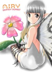  airy_(bravely_default) backless_dress backless_outfit bravely_default:_flying_fairy bravely_default_(series) butterfly_wings commentary_request dress fairy female flower from_behind gloves grey_eyes grey_hair highres insect_wings ju_(old505) long_hair looking_back pointy_ears sitting solo thigh_strap wings 