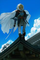  1boy absurdres aqua_eyes armor blonde_hair blue_sky cloak cloud day floating_cape hataya highres japanese_armor katana kote male_focus necktie on_roof outdoors rooftop sheath shoulder_armor sky sode solo sword touken_ranbu weapon yamanbagiri_kunihiro 