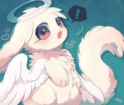  2022 3_fingers :3 ambiguous_gender angel anthro big_tail biped blue_background cheek_tuft chest_tuft chibi colored cute_fangs digital_media_(artwork) exclamation_point eyelashes facial_tuft feathered_wings feathers featureless_crotch fingers floppy_ears fluffy fluffy_chest fluffy_ears fluffy_tail front_view fur halo head_tuft heart_symbol hi_res inochi_(mekkyaru) kemono lagomorph long_ears long_tail looking_at_viewer lop_ears mammal mekkyaru monotone_body monotone_fur monotone_tail monotone_wings nude open_:3 open_mouth open_smile outline_heart paws pink_eyes pink_inner_ear portrait pupils semi-anthro shaded signature simple_background smile solo speech_bubble standing tail three-quarter_portrait three-quarter_view tuft white_body white_ears white_feathers white_fur white_tail white_wings wings 