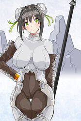  41_(taskmaster41) absurdres arm_guards black_gloves black_hair blush bodysuit breasts bun_cover commentary_request covered_navel double_bun elbow_gloves fate/grand_order fate_(series) female fingerless_gloves gloves green_eyes green_ribbons hair_bun highres jewelry large_breasts looking_at_viewer neck_ring polearm qin_liangyu_(fate) ribbon sidelocks smile solo spear thigh_gap thighs weapon white_bodysuit 