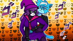  16:9 2023 alternative_fashion anthro big_breasts black_body black_fur blue_body blue_fur blue_hair breasts carbon_(zombieray10) carrying_another carrying_partner clothed clothed_male clothing della_the_rabbit_(diegodeath1) domestic_cat duo_focus ear_piercing fan_character felid feline felis female fingerless_gloves footwear fur gloves green_eyes group hair handwear hat headgear headwear hi_res jojo&#039;s_bizarre_adventure jojo_pose lagomorph leporid long_ears long_hair looking_at_viewer mammal piercing punk rabbit rabbit_ears sega simple_background smile smiling_at_viewer smirk smirking_at_viewer sonic_the_hedgehog_(series) unknown_artist widescreen witch_costume witch_hat witchcraft wizard_hat 