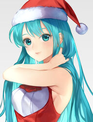  aqua_eyes aqua_hair closed_mouth eirika_(fire_emblem) eirika_(winter)_(fire_emblem) female fire_emblem fire_emblem:_the_sacred_stones fire_emblem_heroes fur_trim grey_background hat jurge long_hair pom_pom_(clothes) red_hat santa_hat simple_background sleeveless solo upper_body 