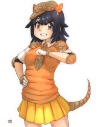  armadillo_ears armadillo_tail artist_logo black_hair commentary cowboy_shot elbow_pads female giant_armadillo_(kemono_friends) grey_eyes grin hand_on_own_chest hand_on_own_hip hat highres kemono_friends looking_at_viewer medium_hair necktie orange_vest pleated_skirt shirt short_sleeves shoulder_pads signature simple_background skirt smile solo thin_(suzuneya) vest white_background white_shirt wing_collar yellow_skirt 