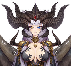  blue_eyes blunt_bangs blush breasts breasts_apart brown_eyes closed_mouth cluseller cosplay cropped demon_horns demon_wings diablo diablo_(series) diablo_4 dress female gem grey_hair heterochromia horns indie_virtual_youtuber large_breasts lilith_(diablo) lilith_(diablo)_(cosplay) long_hair looking_at_viewer oerba_yun_fang red_background solo symmetry upper_body virtual_youtuber wings yozora_aoi 