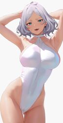  alternate_costume armpits arms_behind_head arms_up ass_visible_through_thighs bare_shoulders blush breasts cameltoe collarbone commentary_request contrapposto covered_navel cowboy_shot dark-skinned_female dark_skin earrings female green_eyes grey_hair gundam gundam_suisei_no_majo halo halter_leotard halterneck highleg highleg_leotard highres jewelry kameponde large_breasts leaning_to_the_side leotard looking_at_viewer open_mouth parted_bangs partial_commentary presenting_armpit secelia_dote short_hair sideboob smile solo standing teeth thigh_gap upper_teeth_only white_background white_leotard 