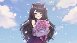  animal_ear_fluff animal_ears bad_id bad_twitter_id black_shirt blue_eyes bouquet cat_ears cloud day detached_sleeves english_commentary female flower holding holding_bouquet ichinose_(sorario) indie_virtual_youtuber long_hair looking_at_viewer outdoors petals purple_flower purple_skirt second-party_source shimotsuki_miri shirt skirt sky smile solo virtual_youtuber 